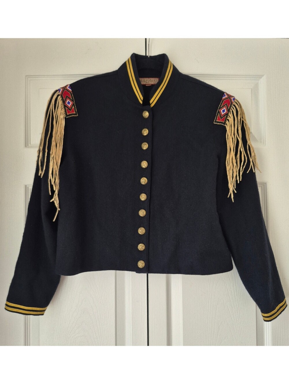 Double D Ranch 100% Wool Black Military Jacket With Pigsuede Fringe Detail